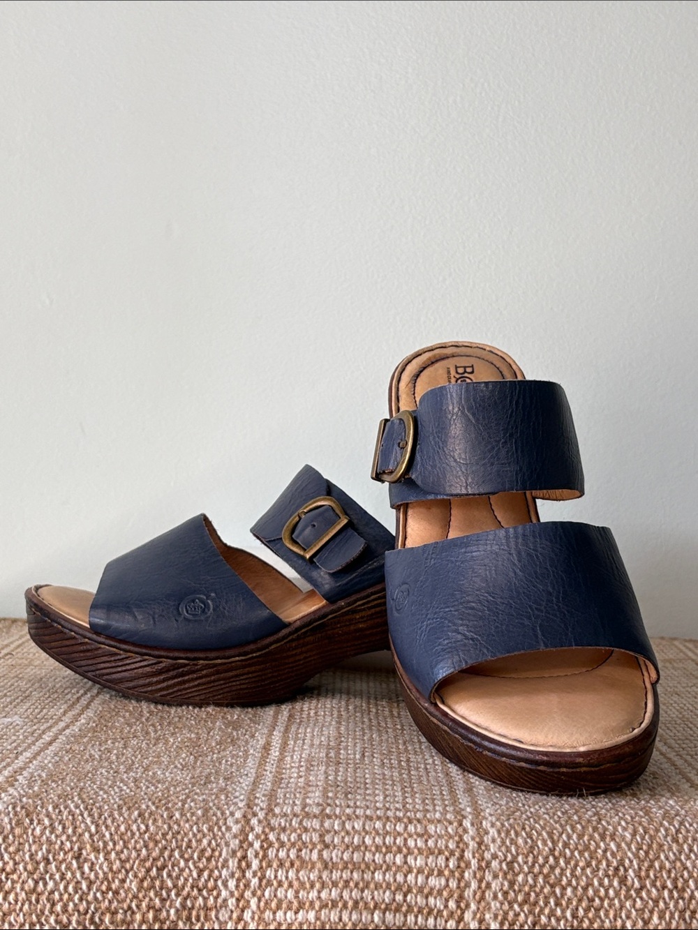 Born Navy Blue Leather Double-Strap Wedge Sandals; Adjustable buckles  Size-8